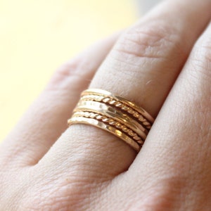 Gold Stacking Ring Set // Set of 6 Yellow Gold Stackable Rings // 14K Gold Filled Stackable Rings // Smooth, Twist, and Hammered Bands image 2