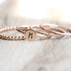 Rose Gold Initial Ring Set // Rose Gold Initial and Bead Ring Set // 14K Rose Gold Filled Stacking Rings image 4