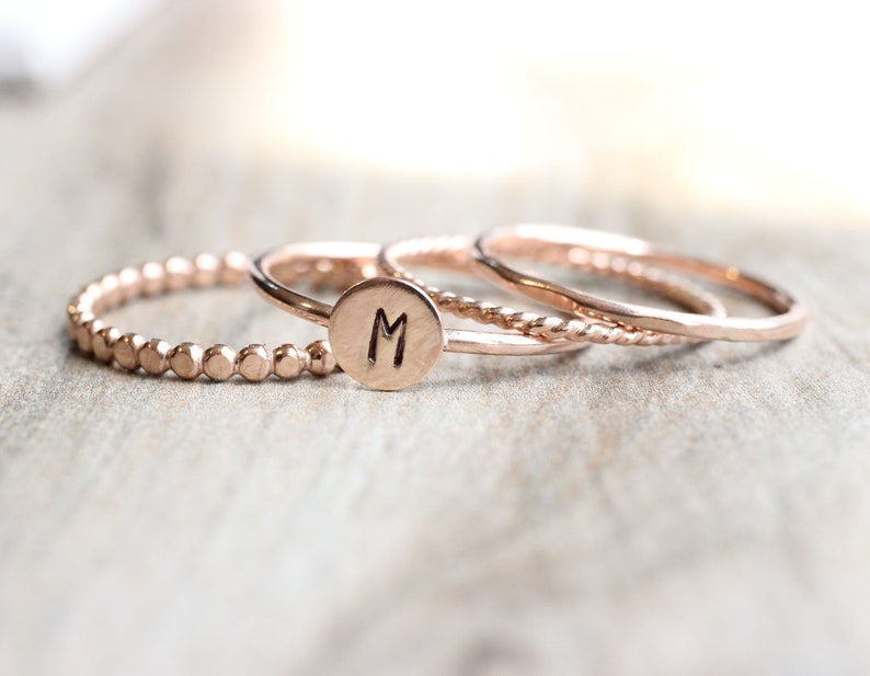 Rose Gold Initial Ring Set // Rose Gold Initial and Bead Ring Set // 14K Rose Gold Filled Stacking Rings image 4