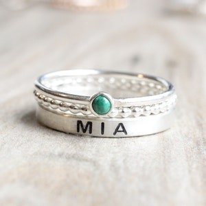 Sterling Silver Name Ring Gemstone // Name Ring Set with Malachite Stone // Personalized Ring with May Birthstone // Engraved Ring image 9