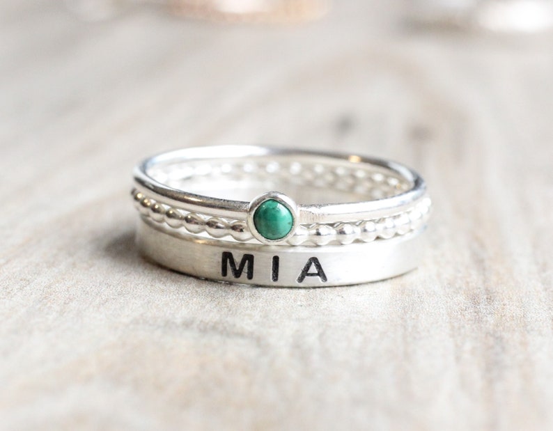 Sterling Silver Name Ring Gemstone // Name Ring Set with Malachite Stone // Personalized Ring with May Birthstone // Engraved Ring image 9