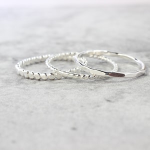 Sterling Silver Stacking Rings // Set of 3 Simple Stacking Rings // .925 Sterling Silver Rope Twist Bead Dot Hammered Ring // Spacer Rings image 3