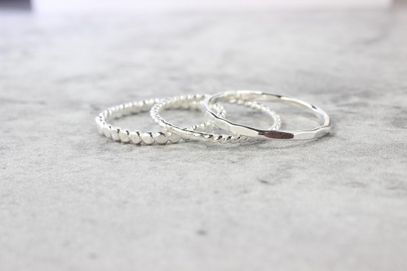 Sterling Silver Stacking Rings // Set of 3 Simple Stacking Rings // .925 Sterling Silver Rope Twist Bead Dot Hammered Ring // Spacer Rings image 3