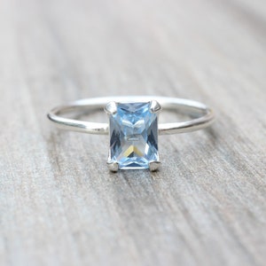 Aquamarine Ring // Aquamarine Cubic Zirconia Sterling Silver Emerald Cut Ring // 7x5mm Birthstone Stacking Ring // March Birthstone Ring image 3