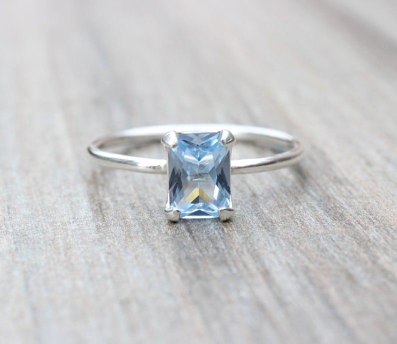 Aquamarine Ring // Aquamarine Cubic Zirconia Sterling Silver Emerald Cut Ring // 7x5mm Birthstone Stacking Ring // March Birthstone Ring image 3