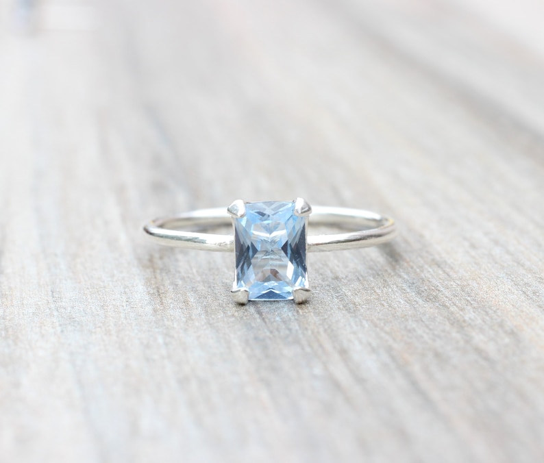 Aquamarine Ring // Aquamarine Cubic Zirconia Sterling Silver Emerald Cut Ring // 7x5mm Birthstone Stacking Ring // March Birthstone Ring image 9