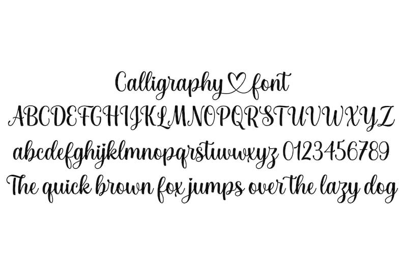 May include: Calligraphy font alphabet with uppercase and lowercase letters, numbers, and the phrase "The quick brown fox jumps over the lazy dog".