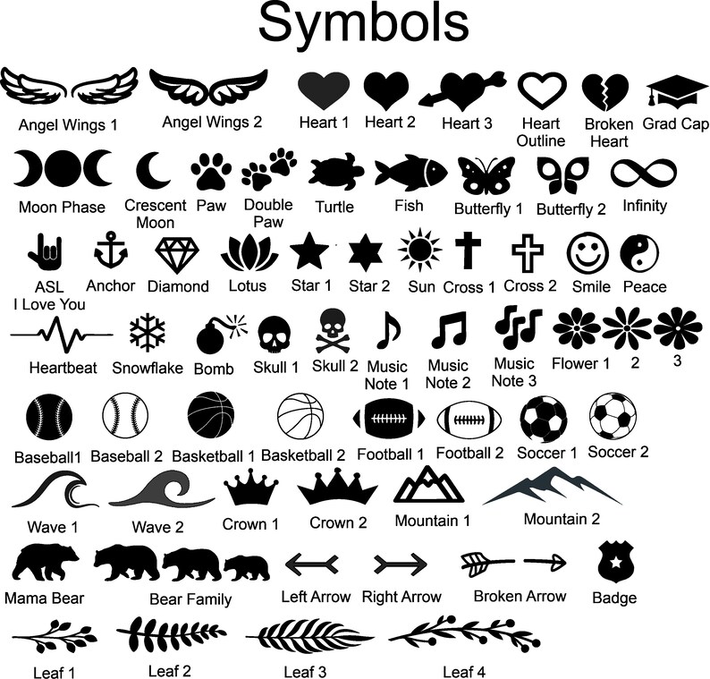 May include: Black and white graphic design featuring a heart, skull and crossbones, a yin yang symbol, a smiley face, two waves, a mountain range, and two arrows pointing in opposite directions.