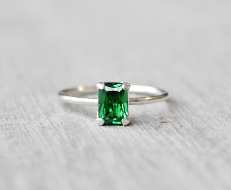 Sterling Silver Emerald Cut Emerald Ring // 7x5mm Emerald Cut Birthstone Stacking Ring // May Birthstone Ring // Simple Silver Ring image 1