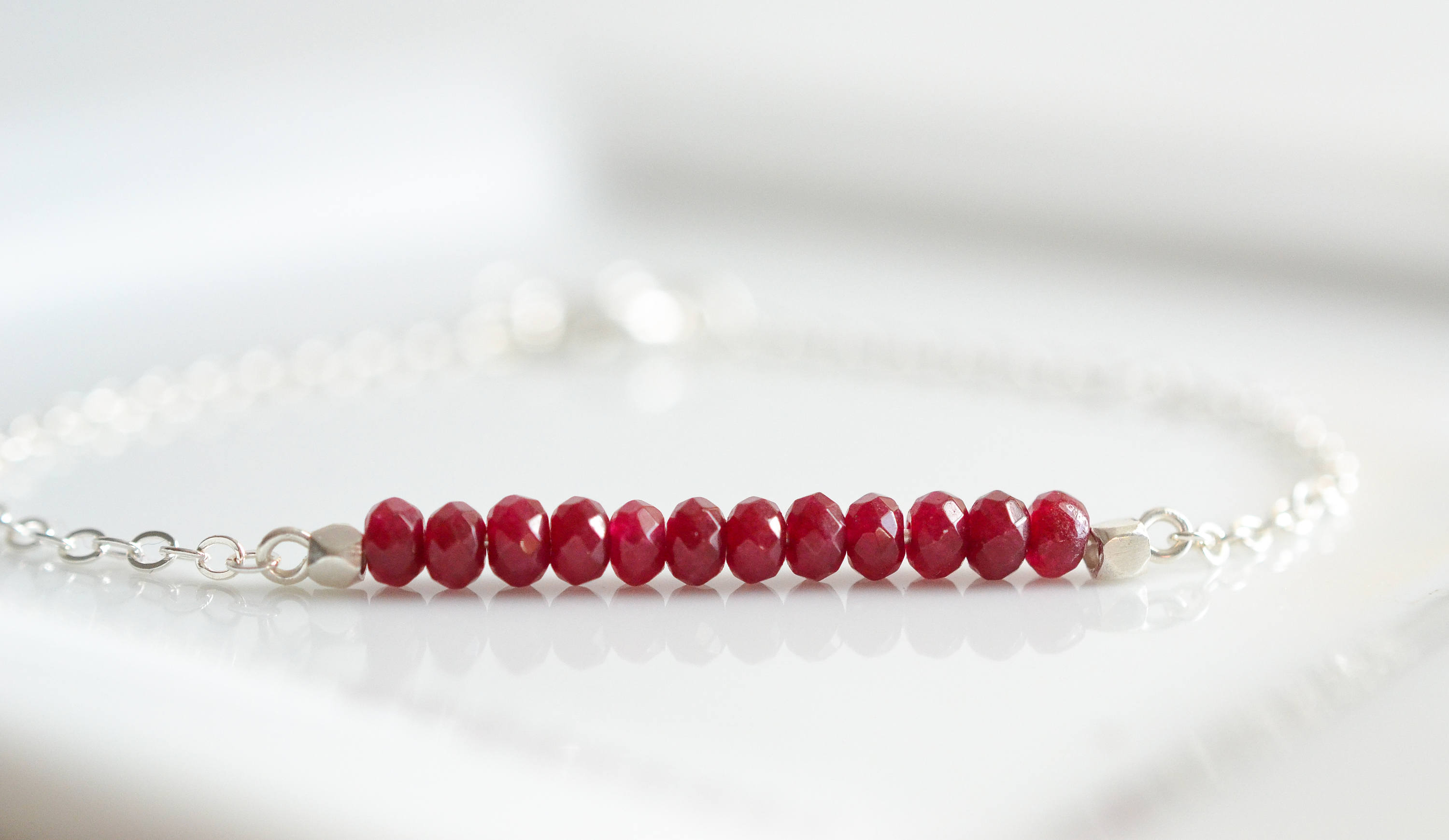 Ruby beaded chain crystal bracelet in 925 sterling silver 6 with 2 adjustable extender