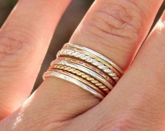 Set of 8 Tri Color Stacking Rings - Sterling Silver, 14K Rose Gold Filled, and 14K Gold Filled - Mixed Metals