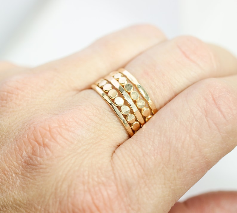 14k Gold Filled Stacking Rings // Set of 5 Stackable Ring Set with 2 Dot Rings and 3 Hammered // Spacer Rings // Bead Ring image 4