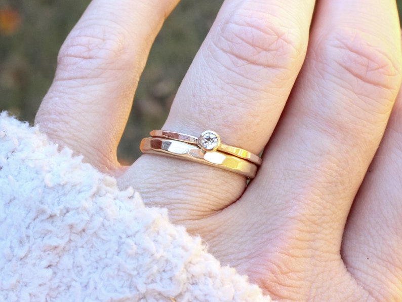 Gold Stackable Rings with White Topaz Gemstone // Wedding Ring Set // Engagement Ring Set image 3