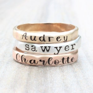 Stacking Name Rings // Sterling Silver, Gold, or Rose Gold Hammered Name Ring Personalized Ring Custom Name Ring Engraved Ring image 7