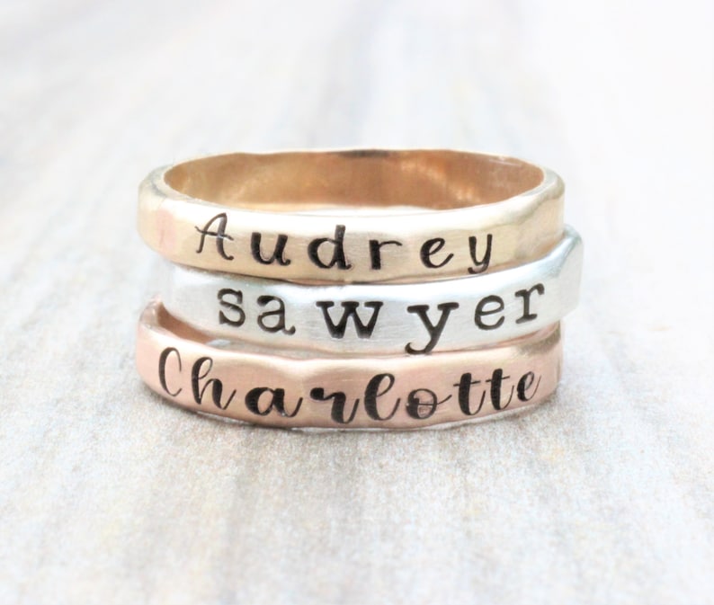 Stacking Name Rings // Sterling Silver, Gold, or Rose Gold Hammered Name Ring Personalized Ring Custom Name Ring Engraved Ring image 7