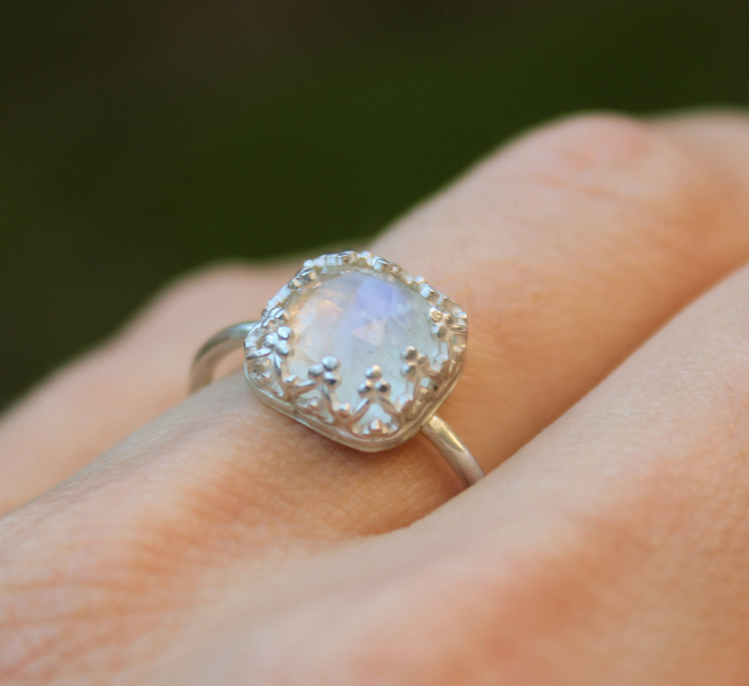 Ready to Ship // Rose Cut Moonstone Ring // Sterling Silver Rainbow