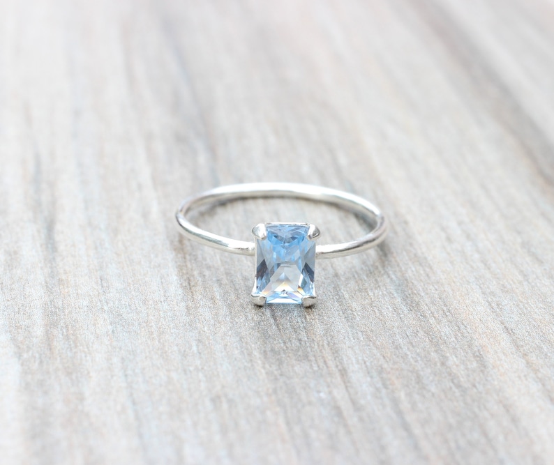 Aquamarine Ring // Aquamarine Cubic Zirconia Sterling Silver Emerald Cut Ring // 7x5mm Birthstone Stacking Ring // March Birthstone Ring image 6