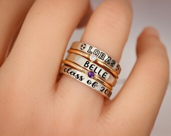 Mixed Metals Engraved Ring Set // Personalized Stacking Rings // Graduation Gift