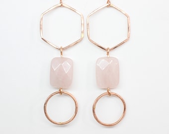 Rose Gold Rose Quartz Earrings // Long Geometric Minimalist Dangle Earrings Waterproof and Hypoallergenic // Hexagon Statement Pink Earrings