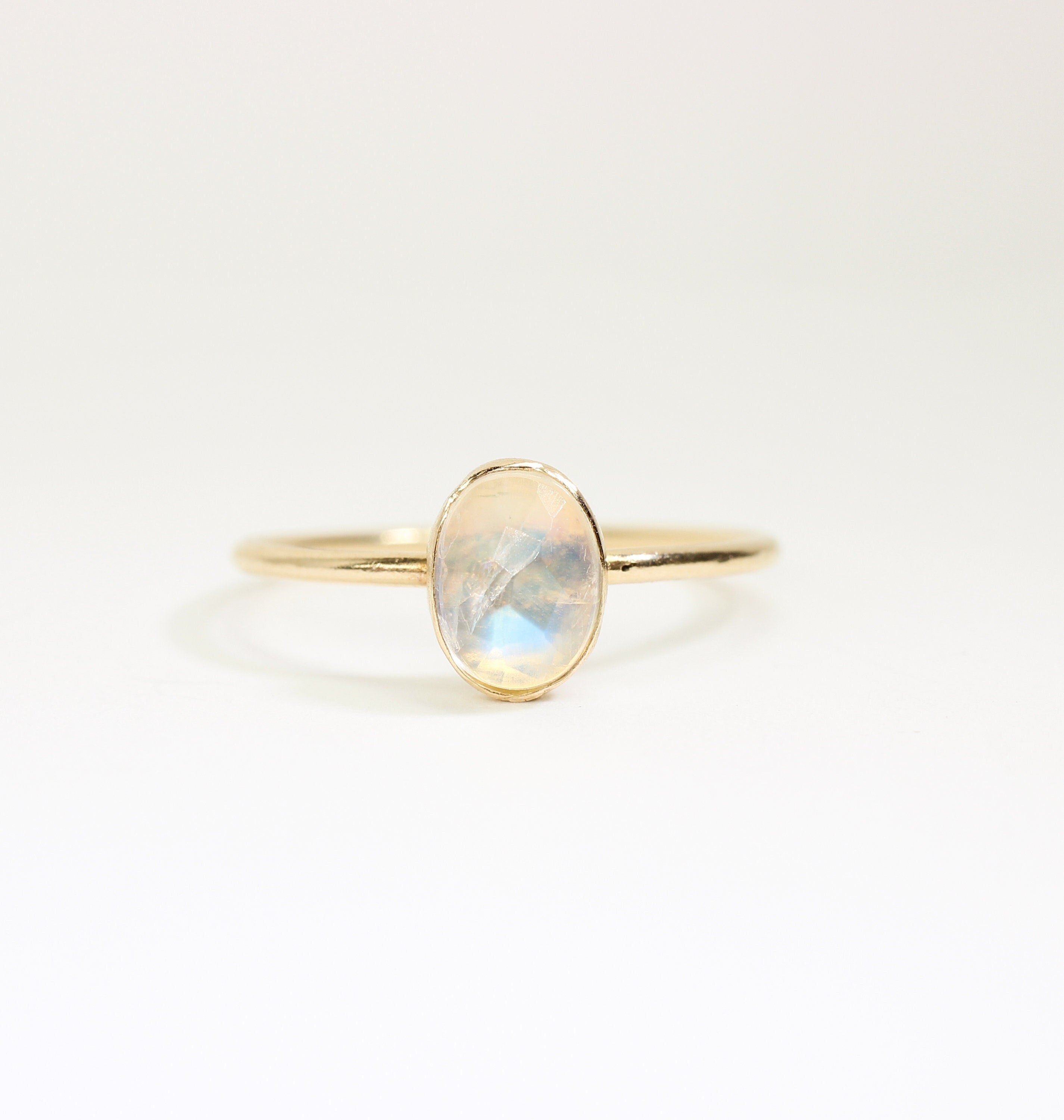14K Gold Filled Rainbow Moonstone Ring: Oval Stacking Ring