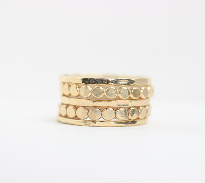 14k Gold Filled Stacking Rings // Set of 5 Stackable Ring Set with 2 Dot Rings and 3 Hammered // Spacer Rings // Bead Ring image 3