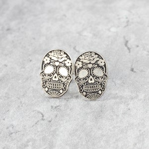 Sterling Silver Skull Stud Earrings // Sugar Skull Studs // Halloween Silver Studs image 4