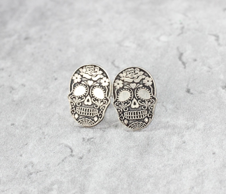 Sterling Silver Skull Stud Earrings // Sugar Skull Studs // Halloween Silver Studs image 4