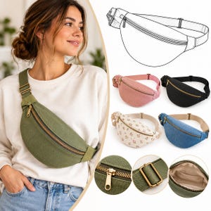 May include: A canvas belt bag with an adjustable strap and a metal zipper closure. Available in olive green, dusty pink, black, floral print, and denim blue. Features include a main zippered compartment, a metal slider on the strap, and an interior pocket.