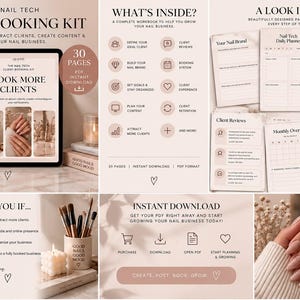 May include: A digital nail technician client booking kit workbook in PDF format. The kit includes 30 pages of planning tools, content ideas, client review templates, and daily planners. The design features a neutral beige colour palette.