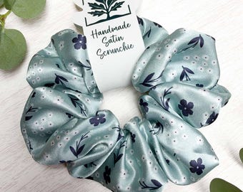 Handmade Satin Floral Scrunchie | Botanical Silk-Like, Gentle Hair Accessory
