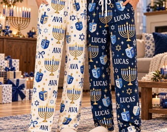 Pantalones de pijama personalizados para Janucá, pijamas con menorá con nombre personalizado, pijamas familiares a juego para Janucá, regalo para las fiestas judías para mamá, papá e hijos.
