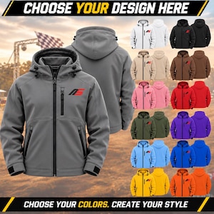 Könnte beinhalten: Eine graue Kapuzenjacke mit Frontreißverschluss, Brusttasche und einem schwarz-roten Logo auf der Brust. Das Bild zeigt eine Vielzahl von Farboptionen für die Jacke, darunter Weiß, Schwarz, Beige, Braun, Pink, Rot, Grün, Lila, Blau, Gelb und Orange.