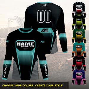 May include: A long-sleeve jersey featuring a black base with teal accents, a central panel with the text NAME EXTREME GEAR, and the word MADOX on the sleeves. The back displays the number 00 and the logo NS. Multiple colour variations are shown.