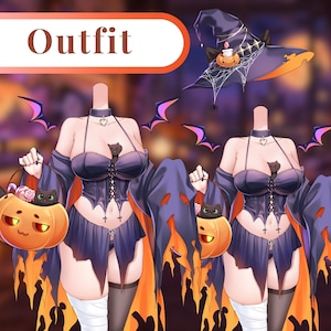May include: A dark purple and orange Halloween-themed outfit featuring a corset top with a lace-up front, a matching skirt, and a witch hat adorned with a pumpkin and spiderweb. The set includes a pumpkin-shaped basket containing a black cat.