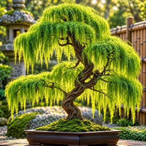 May include: A weeping bonsai tree with a thick, twisted brown trunk and vibrant, bright green needle-like foliage that cascades downward. The tree is planted in a rectangular dark brown ceramic pot with moss covering the soil surface.