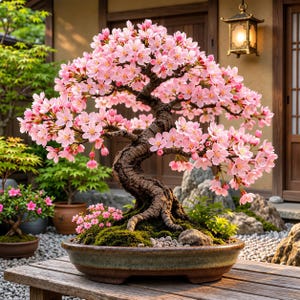 May include: A bonsai tree with a thick, textured brown trunk and branches covered in numerous light pink cherry blossoms. The tree is planted in a shallow, round, dark-toned ceramic pot filled with moss, small pebbles, and a few small rocks.
