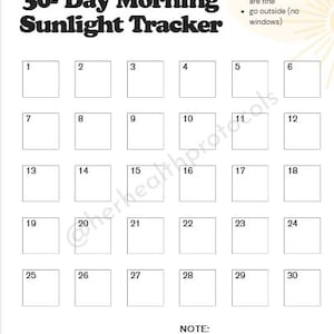Op de afbeelding: Een wit 30-dagen ochtendzonlicht-trackerblad met zwarte tekst en een raster van dertig genummerde vakjes. De kop bevat regels voor start- en einddatum. Een doelvak bevat instructies voor blootstelling aan zonlicht en een notitiesectie onderaan.