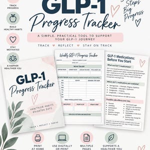 Peut inclure: Un ensemble de documents imprimables de suivi de progression GLP-1 comprenant une page de couverture avec des motifs floraux, une feuille de suivi hebdomadaire et une page informative sur les médicaments, les effets secondaires et les risques.