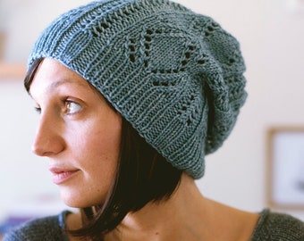 KNITTING PATTERN | Schwimmen - Lace Hat Slouchy Open Work Beanie Textured Toque - PDF