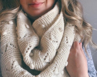 KNITTING PATTERN | Snowberry - Infinity Cowl Textured Wrap Bobbles Chevron Scarf - PDF