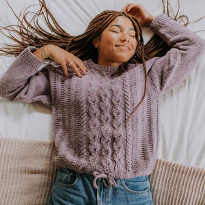 KNITTING PATTERN Lately Pullover Knitting Pattern, Cabled Sweater Knitting Pattern, Jumper Knit Pattern, Drawstring, Cropped Worsted PDF image 1