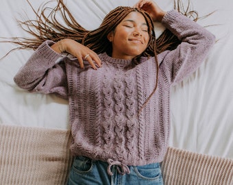 KNITTING PATTERN | Lately - Pullover Knitting Pattern, Cabled Sweater Knitting Pattern, Jumper Knit Pattern, Drawstring, Cropped Worsted PDF