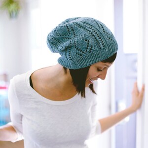 KNITTING PATTERN Schwimmen Lace Hat Slouchy Open Work Beanie Textured Toque PDF image 2