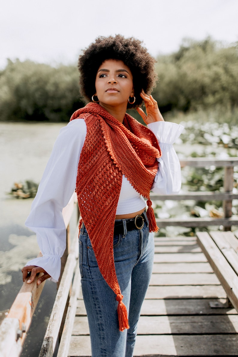 KNITTING PATTERN Songbird Shawl Asymmetrical Triangle Textured Modern Boho Worsted Wrap Scarf PDF image 7