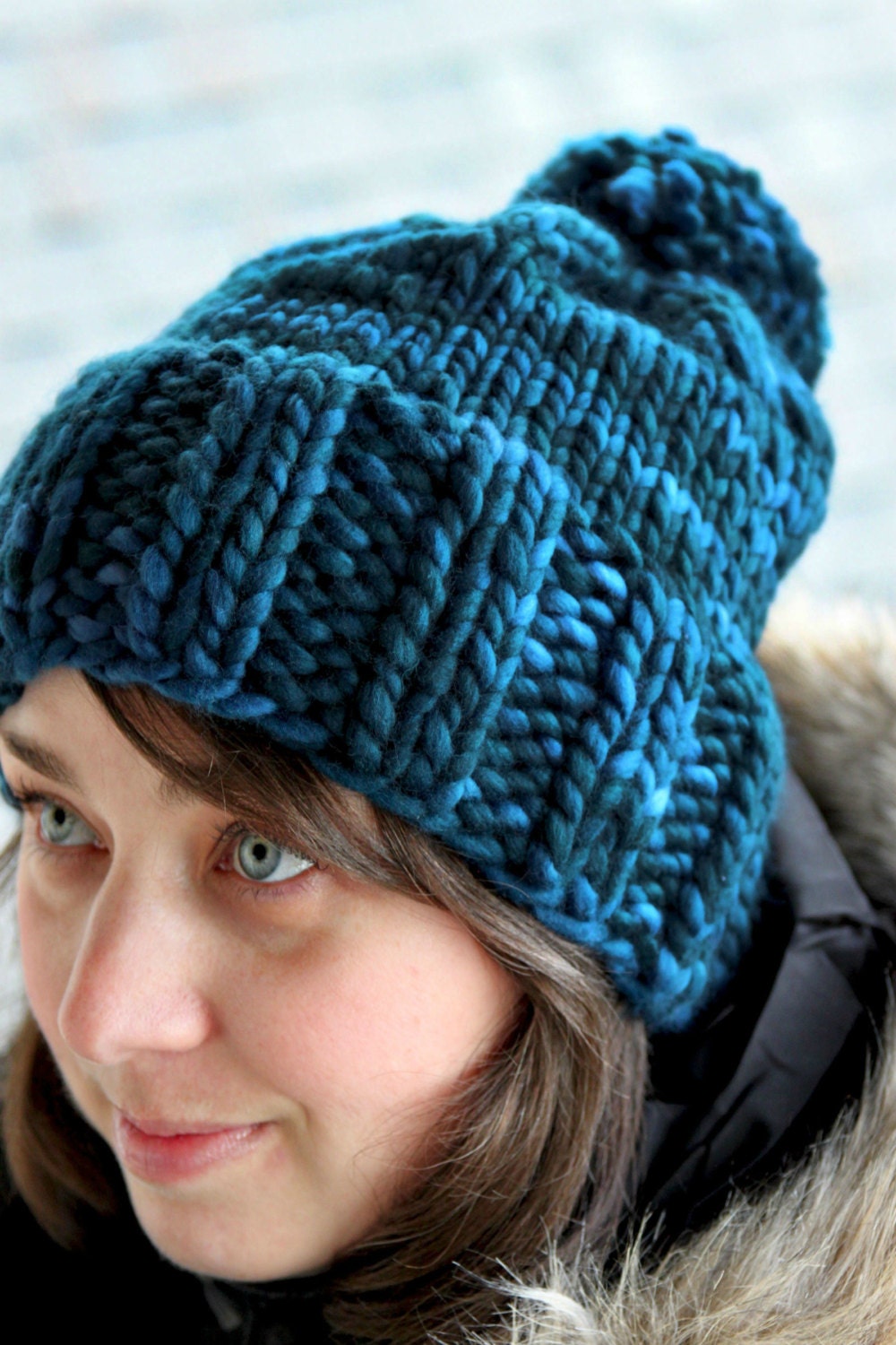 Hannah Hat Knitting Pattern Chunky Ribbed Bulky Pom Pom