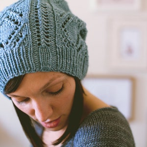 KNITTING PATTERN Schwimmen Lace Hat Slouchy Open Work Beanie Textured Toque PDF image 4