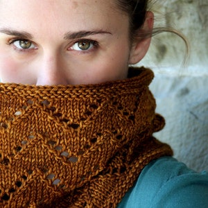 May include: A knitted cowl in a warm, golden-brown hue. The cowl has a textured, openwork pattern and a ribbed collar. The person's eyes are visible above the cowl, with a teal top in the background.