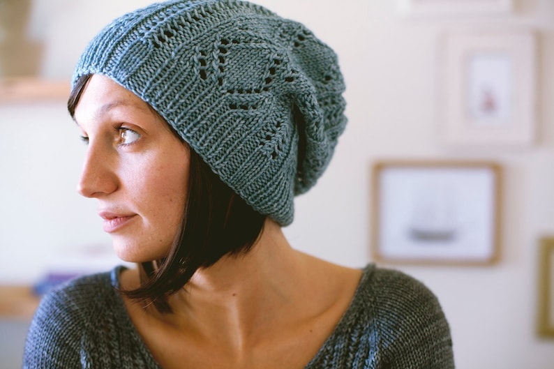 KNITTING PATTERN Schwimmen Lace Hat Slouchy Open Work Beanie Textured Toque PDF image 1