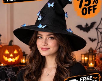 Black Velvet Pleated Witch Hat, Colorful Butterfly Accents, Halloween Cosplay Prop