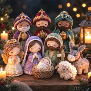 Op de afbeelding: Een gehaakte kerststalset met figuren van de drie wijzen in kleurrijke gewaden, een engel met gouden vleugels, Maria in een paarse sjaal, Jozef met een staf, een baby in een kribbe, een wit schaap en een grijze ezel, allemaal met gesloten ogen.